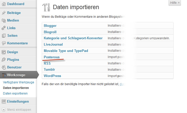 Screenshot Importmöglichkeiten WordPress Werkzeuge