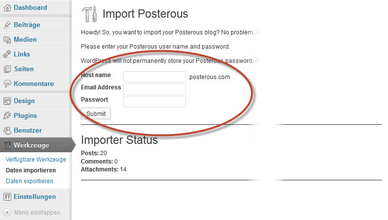 Screenshot Eingabe der Zugangsdaten Posterous Importer